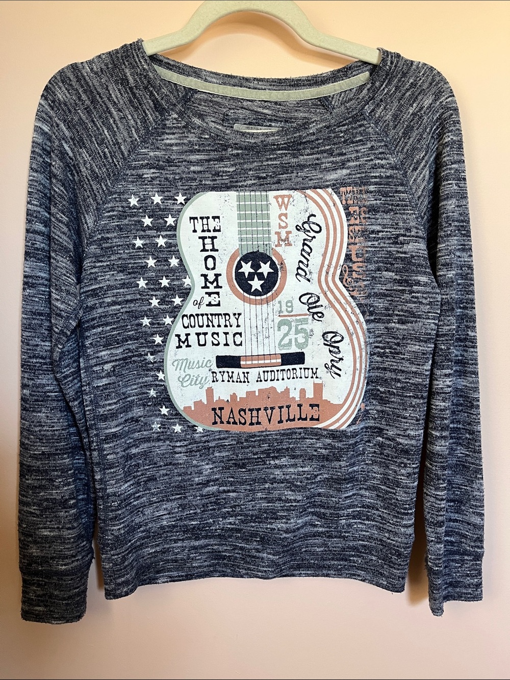 GRAND OLE OPRY Navy Heathered Burnout Crew Neck Raglan Long Sleeve Tee S